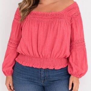 American Eagle BoHo top blouse balloon sleeve crochet neckline pink SZ XL